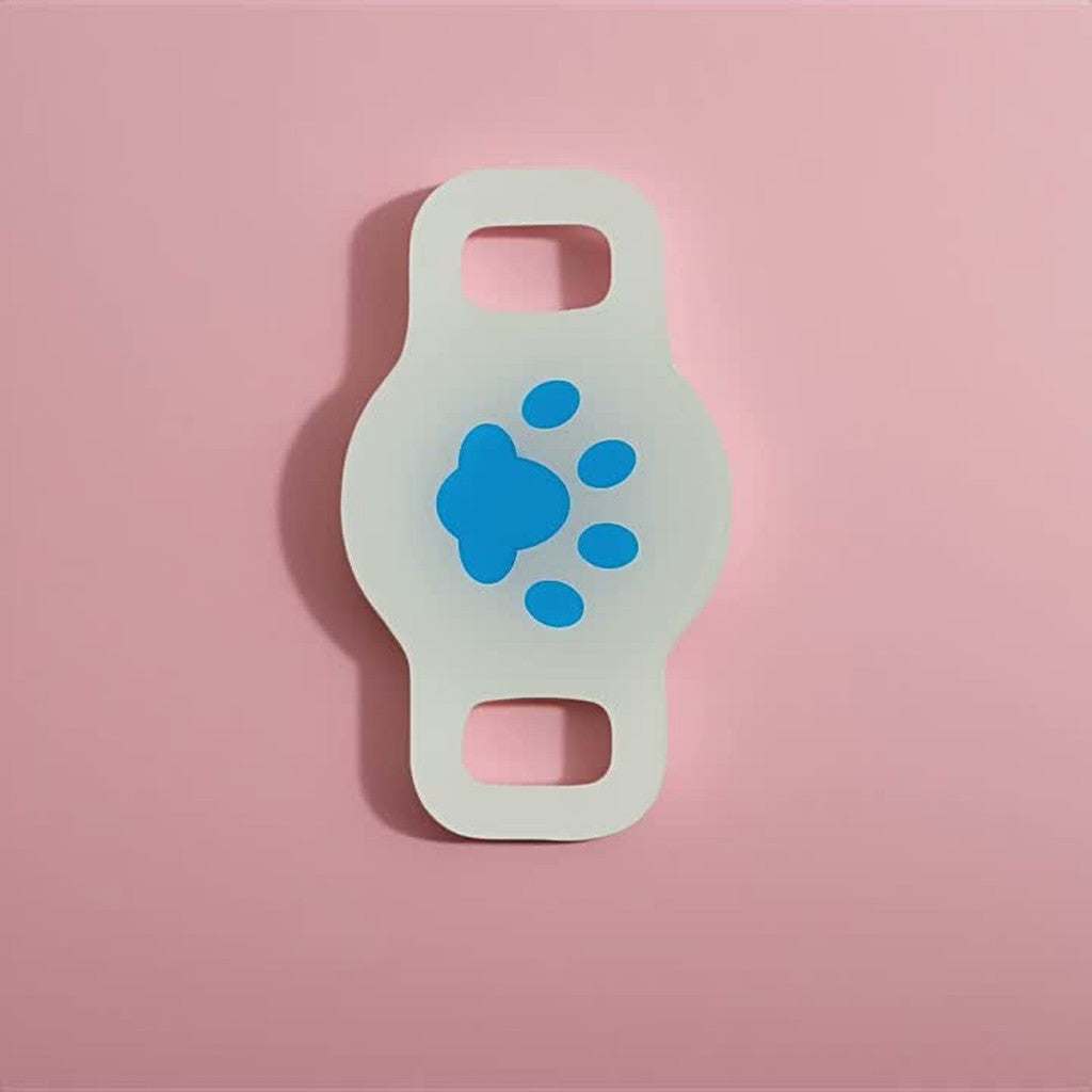 Cream-white paw-shaped strap holder with blue paw print and two slots on pink background