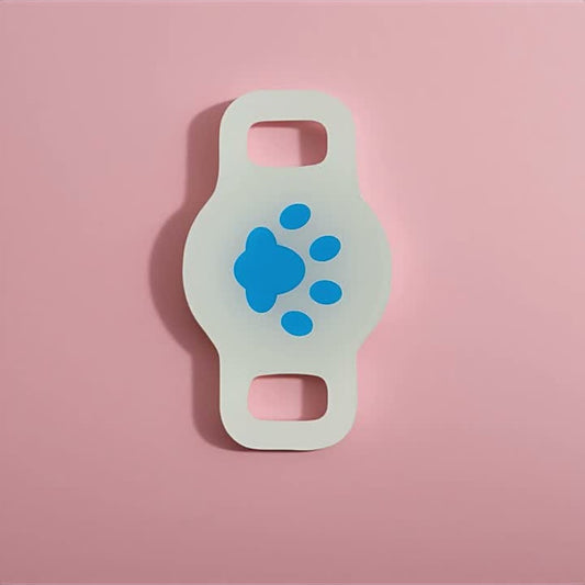Cream-white paw-shaped strap holder with blue paw print and two slots on pink background