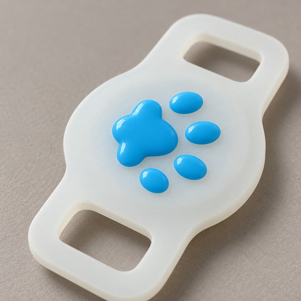 Angled close view of the raised blue paw print and the two strap slots
