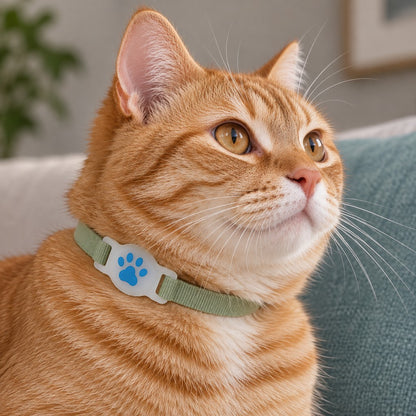 Ginger cat in a sage-green collar with the white paw holder threaded onto the band
