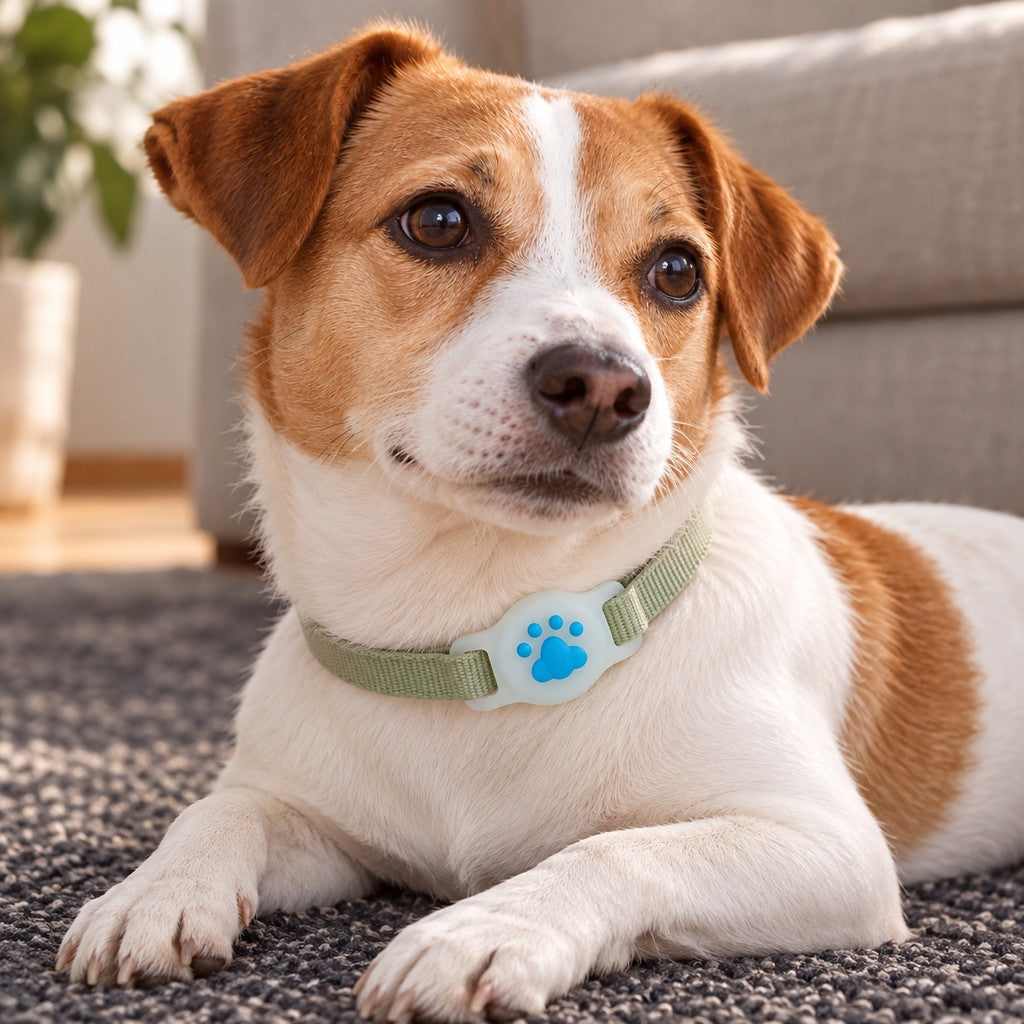 Jack Russell-type dog lying on a rug, sage-green collar with white paw holder at the throat
