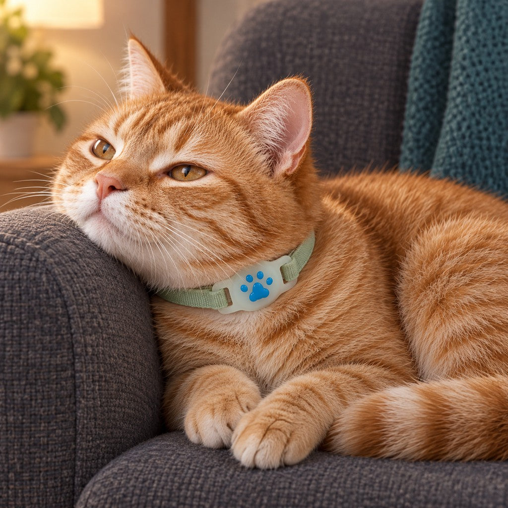 Ginger cat resting its chin on a sofa arm, paw holder on its sage-green collar