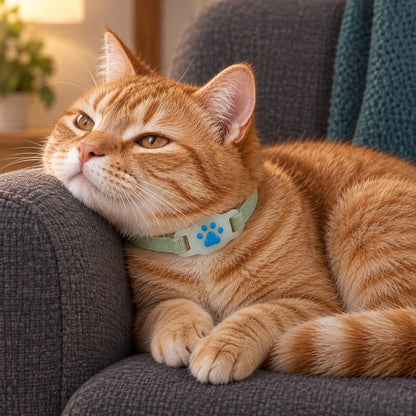Ginger cat resting its chin on a sofa arm, paw holder on its sage-green collar