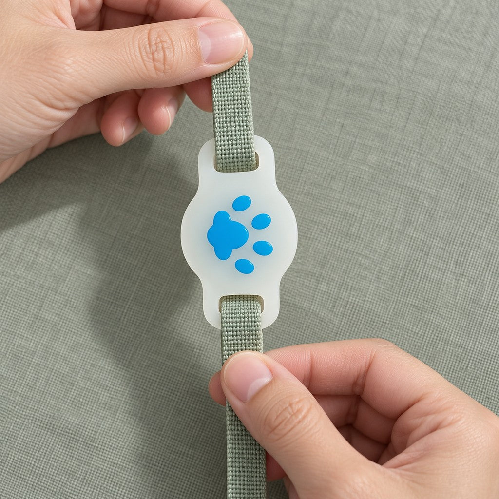 Hands threading a flat strap through the two slots of the paw holder
