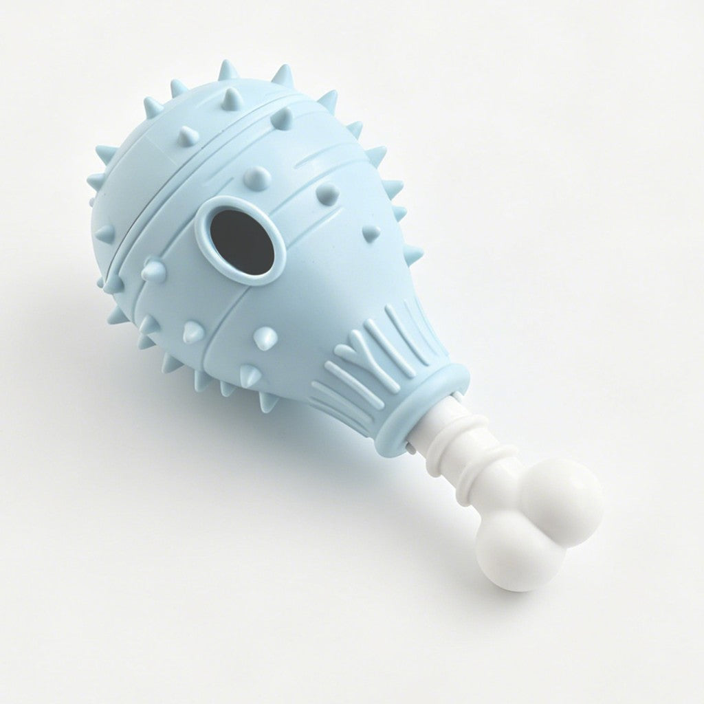 Pale blue spiky drumstick-shaped toy with side hole and white bone-shaped end