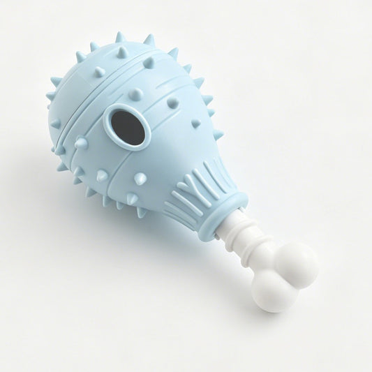 Pale blue spiky drumstick-shaped toy with side hole and white bone-shaped end