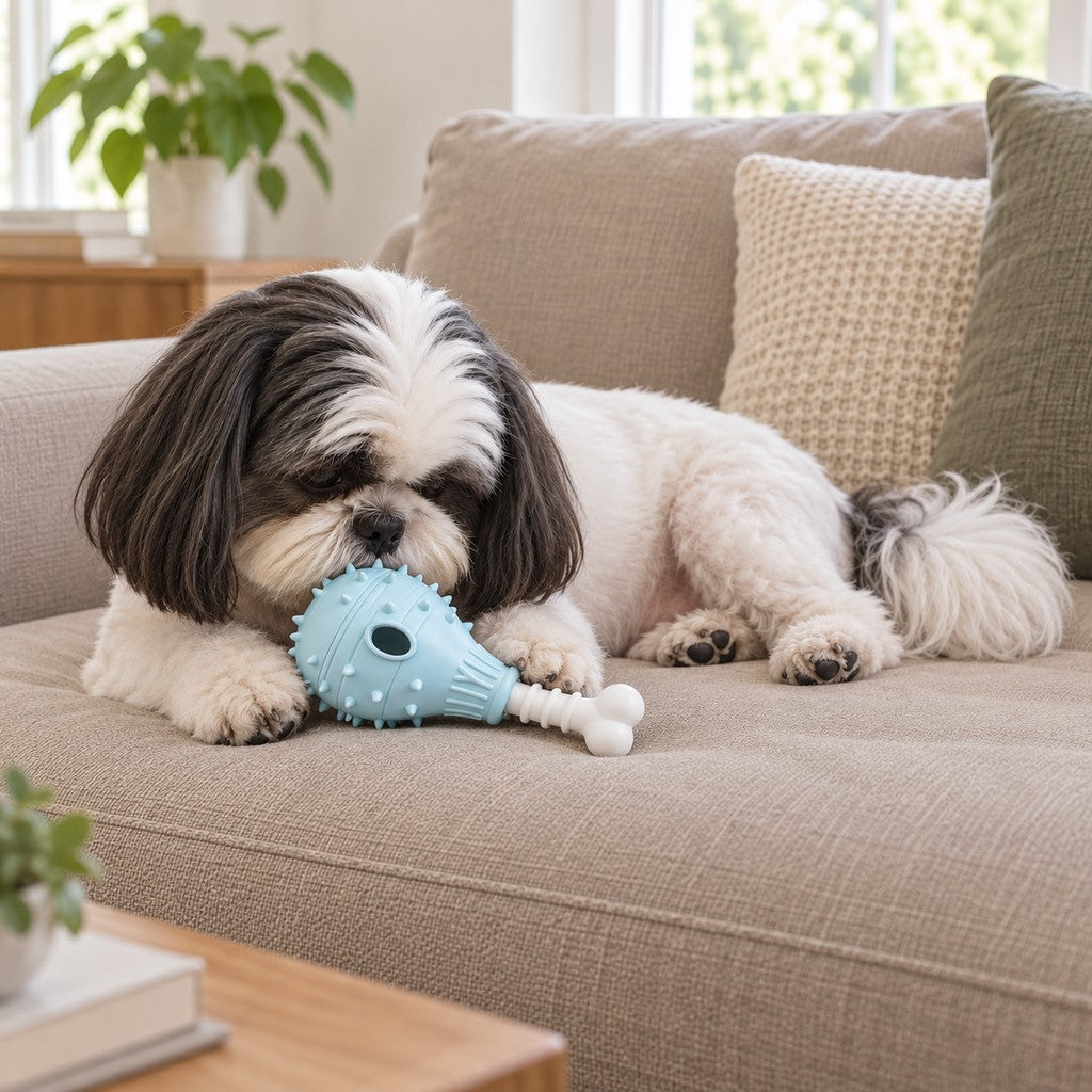Shih tzu lying on a sofa with its nose against the blue drumstick toy
