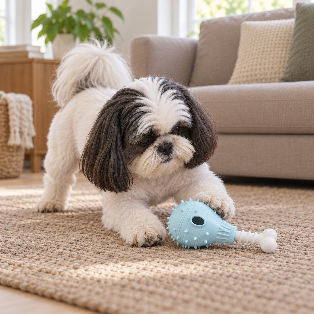 Shih tzu pressing a paw on the blue drumstick toy on a woven rug