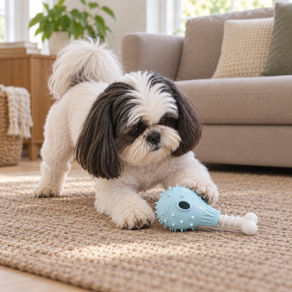 Shih tzu pressing a paw on the blue drumstick toy on a woven rug