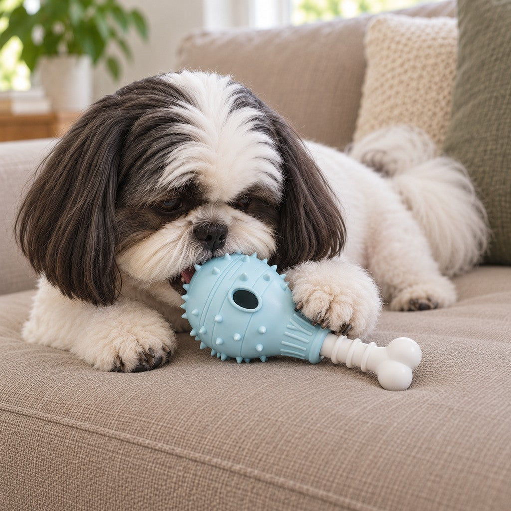 Dog gently mouthing the toy while a paw holds it steady
