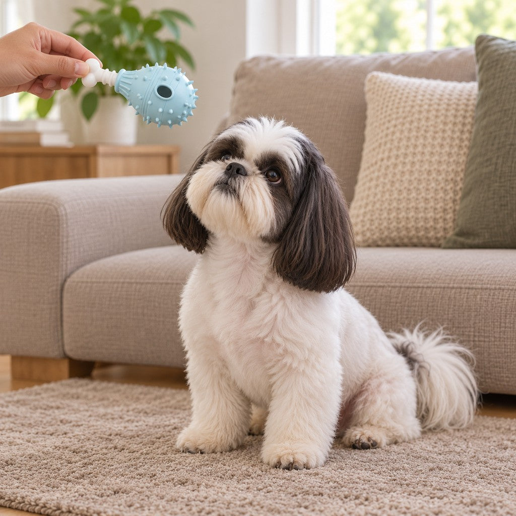 Hand offering the treat toy to a dog