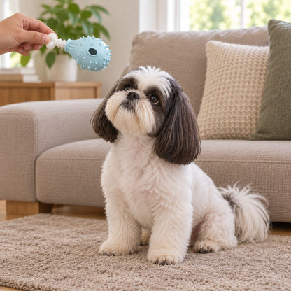 Hand offering the treat toy to a dog