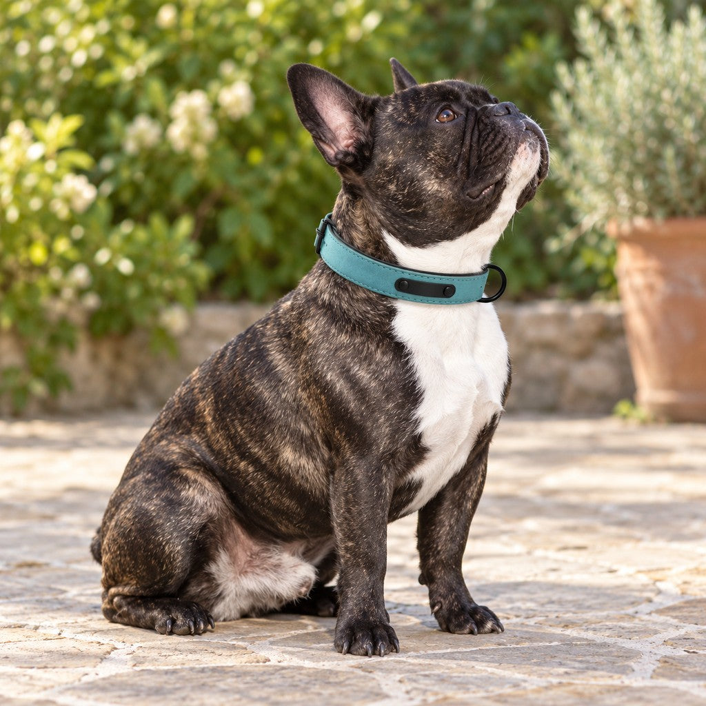 French bulldog sitting on stone paving, gazing upward in a turquoise collar with black name plate