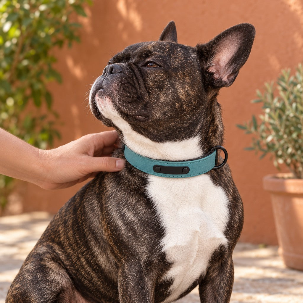 Hand stroking the neck of a French bulldog in a turquoise collar with black plate