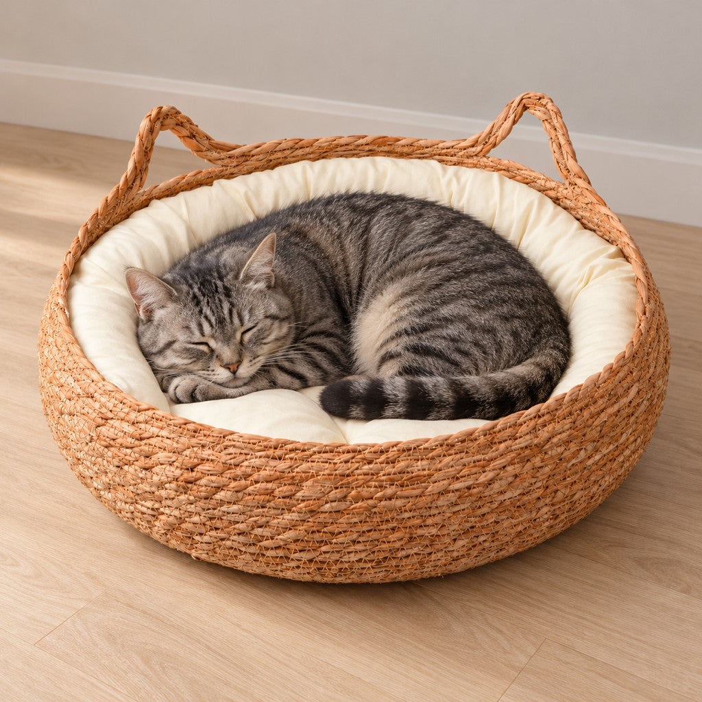 Grey tabby cat curled up asleep on the cream cushion inside the woven basket