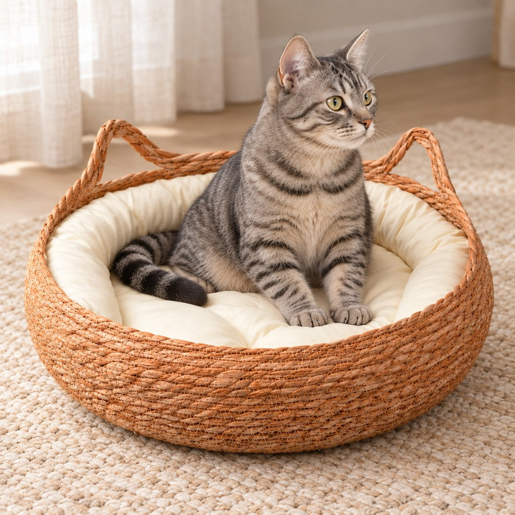 Grey tabby cat sitting in the basket looking off to the side, curtain and rug behind