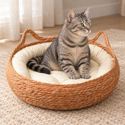 Grey tabby cat sitting in the basket looking off to the side, curtain and rug behind