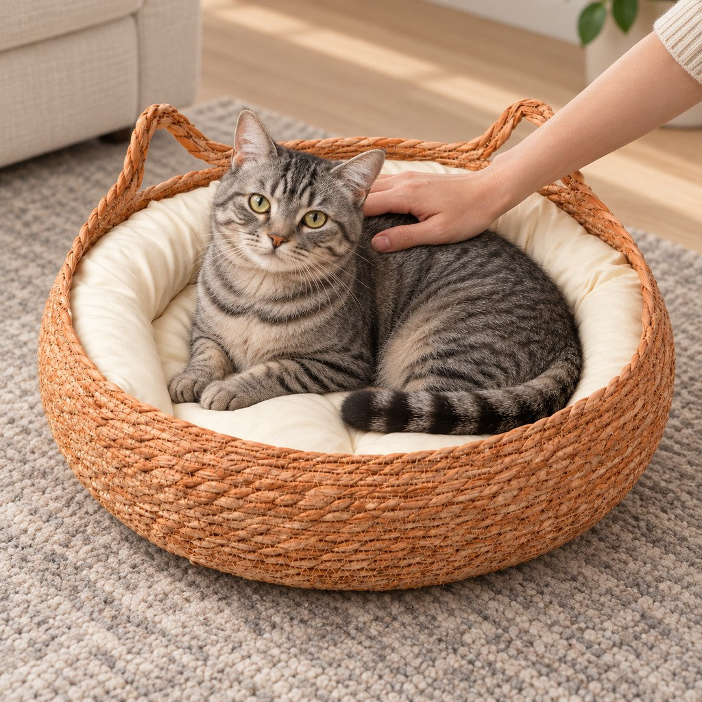 Hand stroking the back of a grey tabby cat lying in the basket on a grey rug