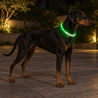 Black and tan dog standing on paving at night wearing a glowing green light tube at the neck