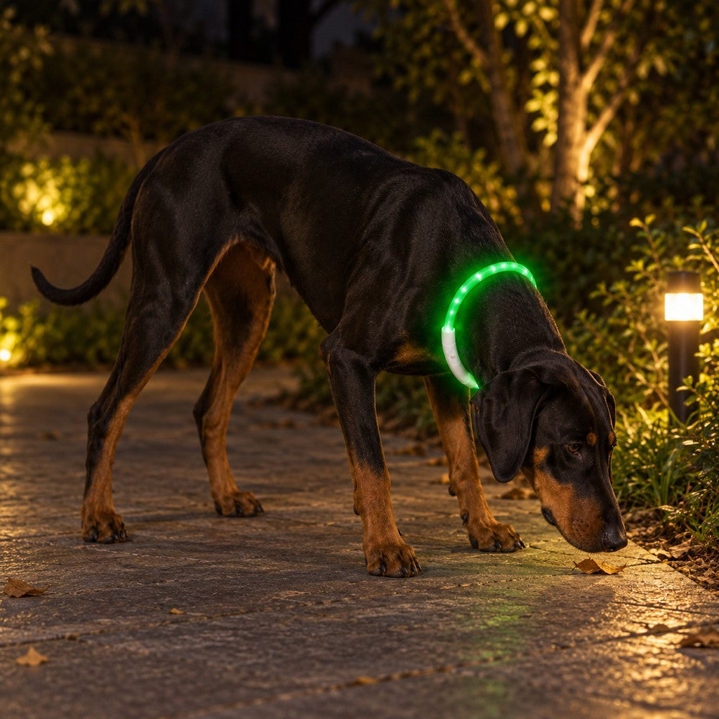 Dog sniffing the ground on a lit garden path at night, green light tube glowing
