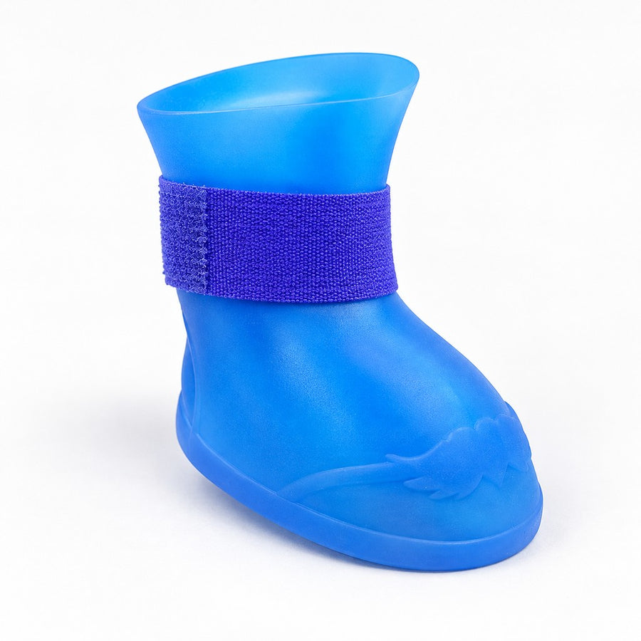 Single translucent blue dog bootie with purple hook-and-loop strap on white background
