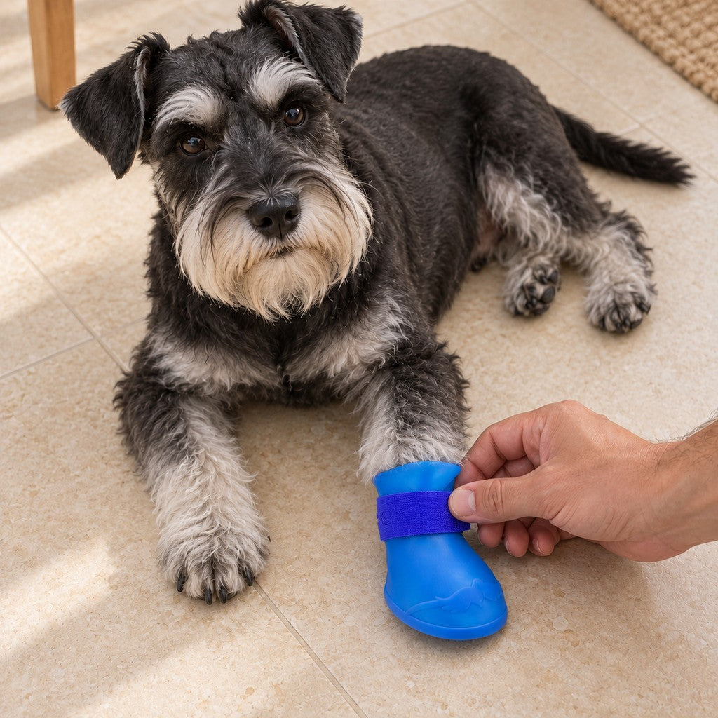 Hand fastening a blue bootie on the front paw of a lying schnauzer