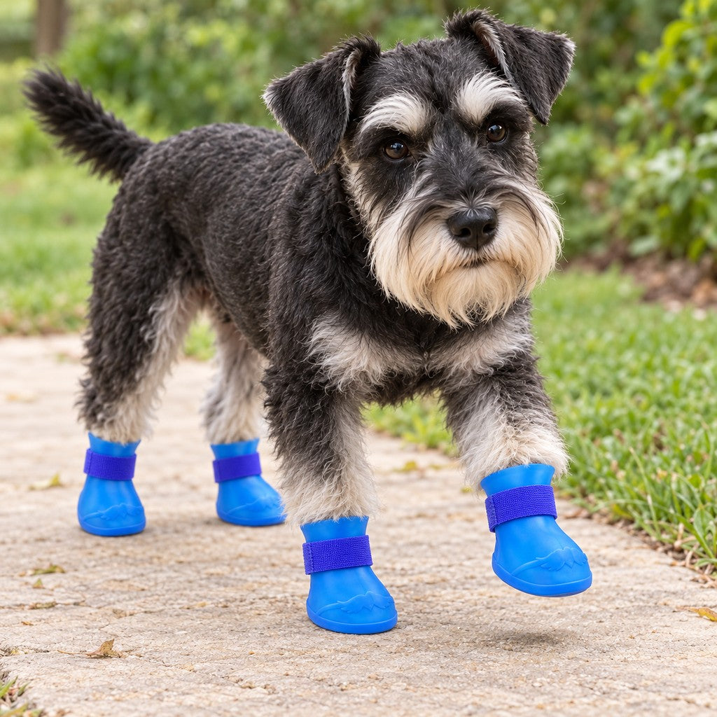 Schnauzer walking on a garden path wearing four blue booties