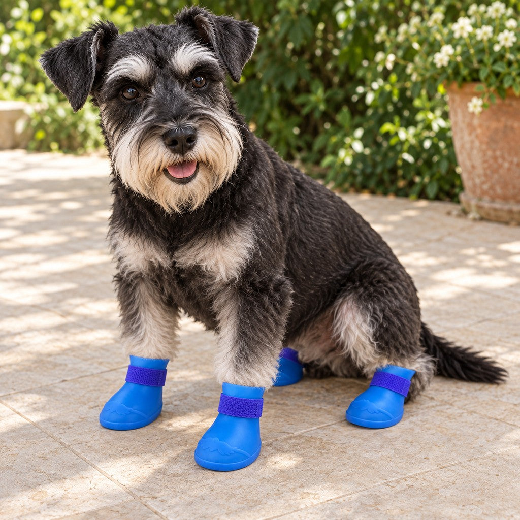 Seated schnauzer wearing four blue booties on a sunny patio