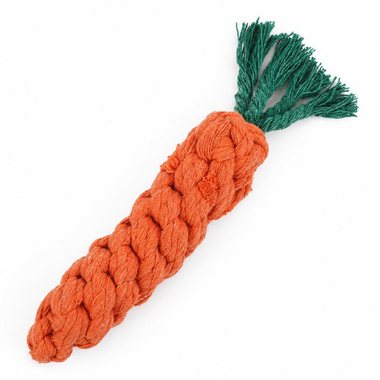 Orange plaited rope carrot toy with green fringe tuft on white background