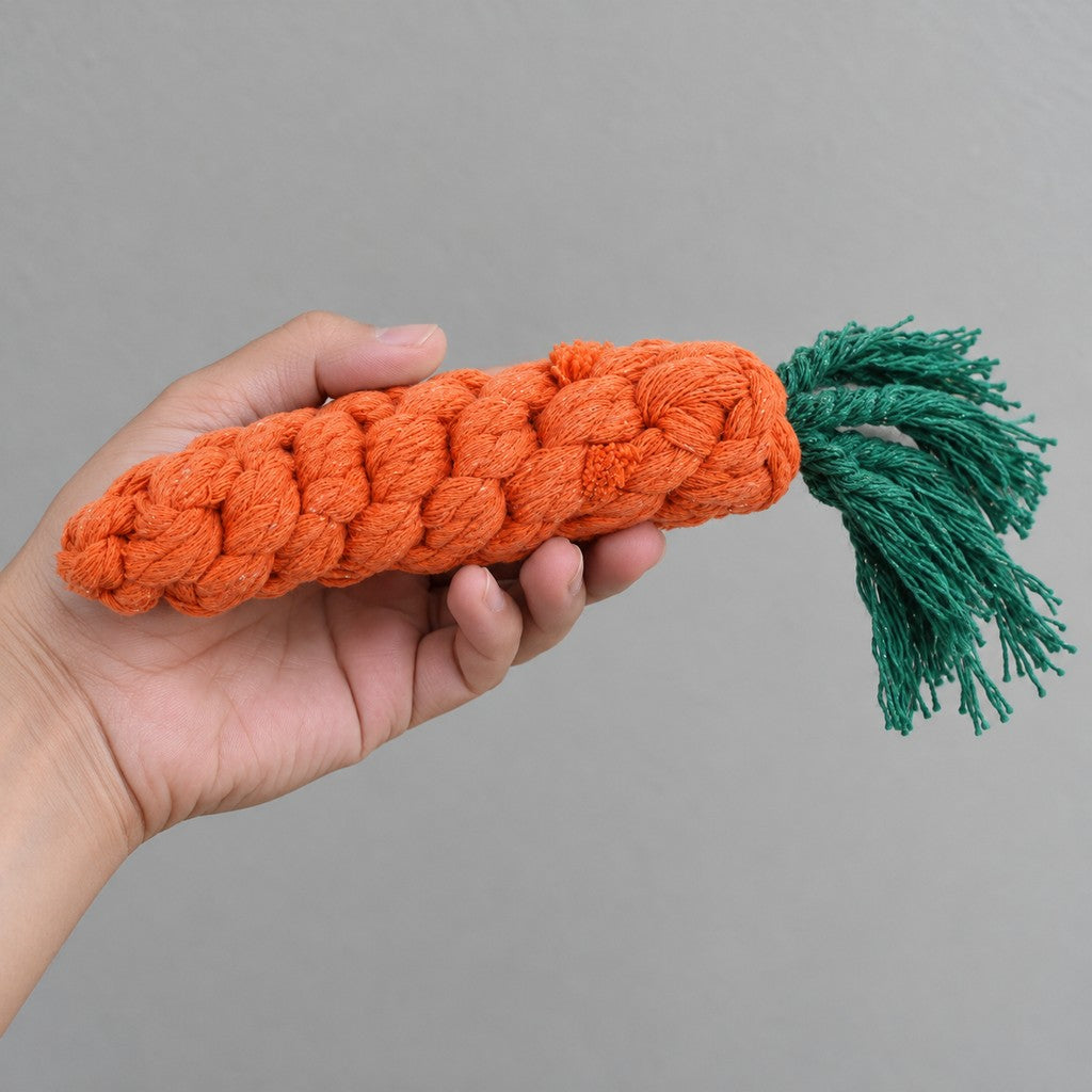 Hand holding the orange plaited carrot toy against a plain grey wall