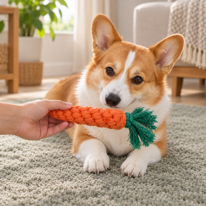 Hand offering the carrot toy to a corgi lying on a grey-green shaggy rug