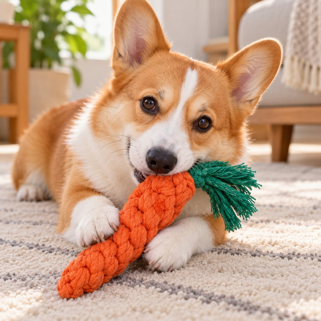 Corgi holding the carrot toy in its mouth with a paw on top