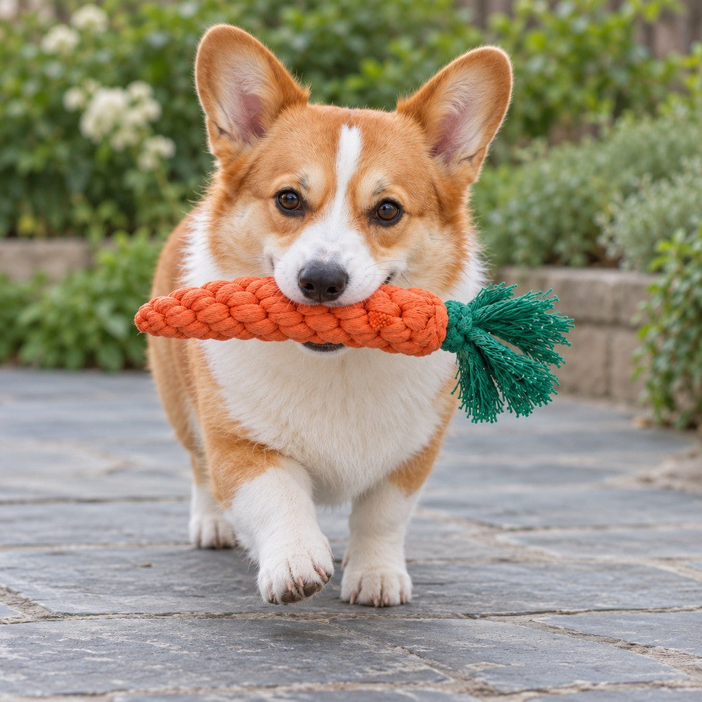 Corgi trotting across stone paving carrying the carrot toy in its mouth