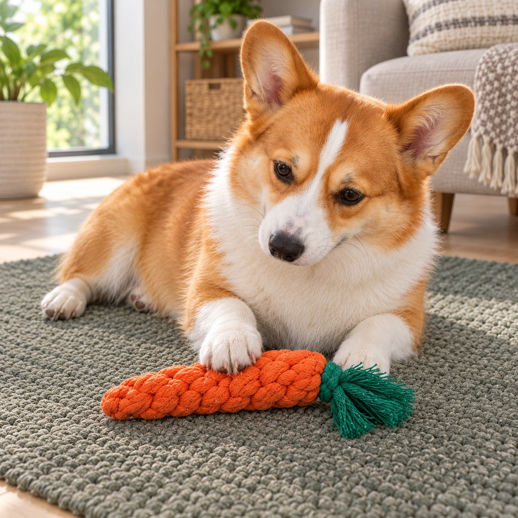 Corgi resting a paw on the carrot toy on a green rug beside a window