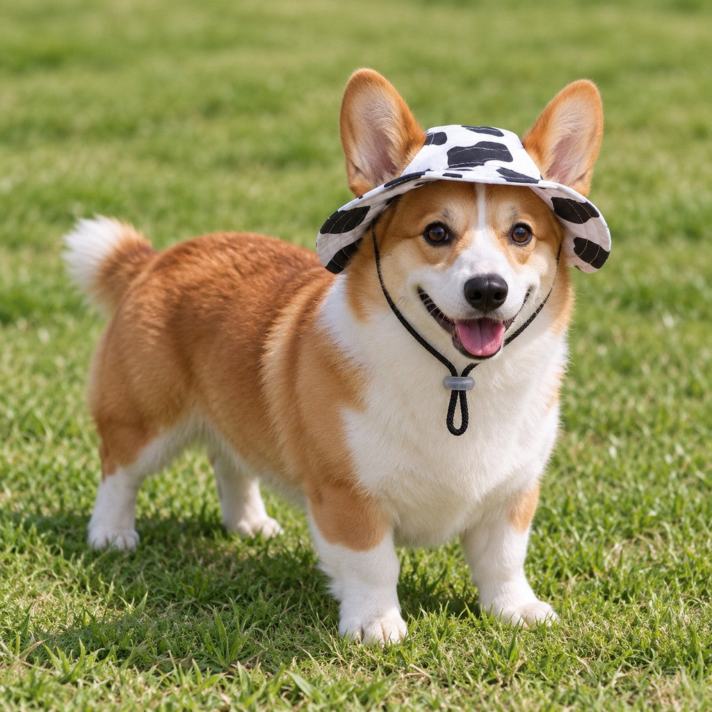 Smiling corgi on lawn facing forward wearing the cow-print bucket hat, ears out