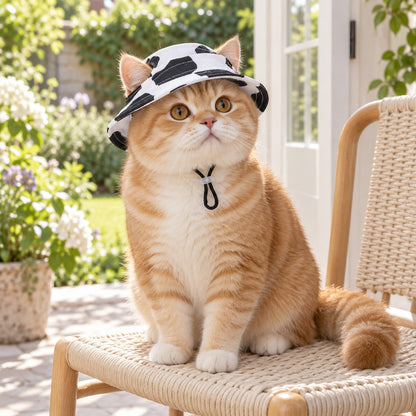 Ginger cat sitting on a woven chair wearing the cow-print bucket hat