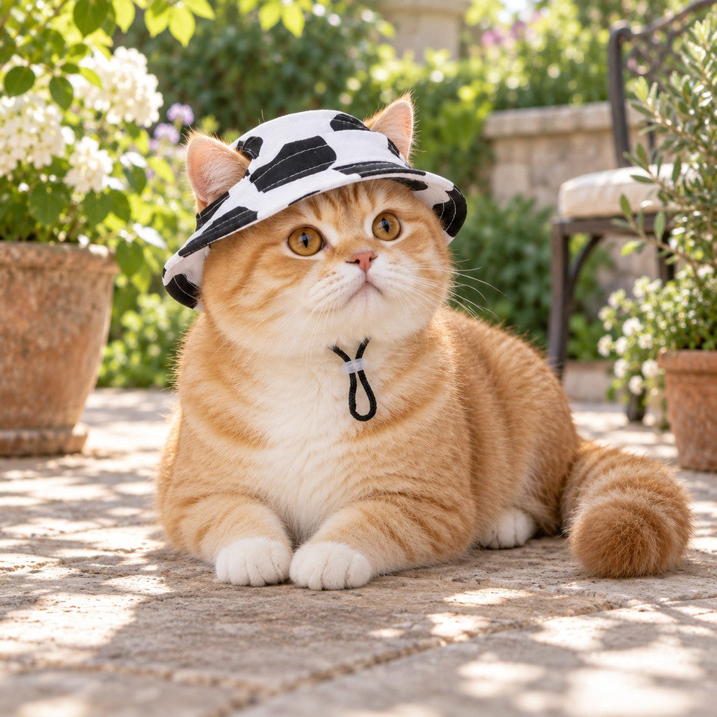 Ginger cat lying on a sunny stone terrace wearing the cow-print bucket hat