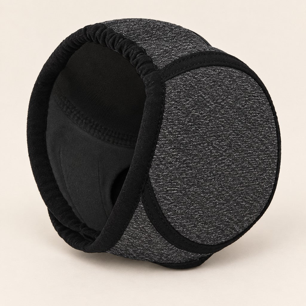 Charcoal fabric ear wrap with black edging and a round pad on cream background