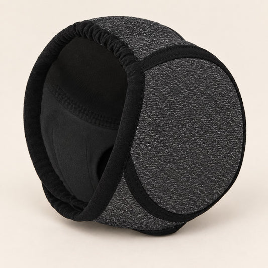 Charcoal fabric ear wrap with black edging and a round pad on cream background