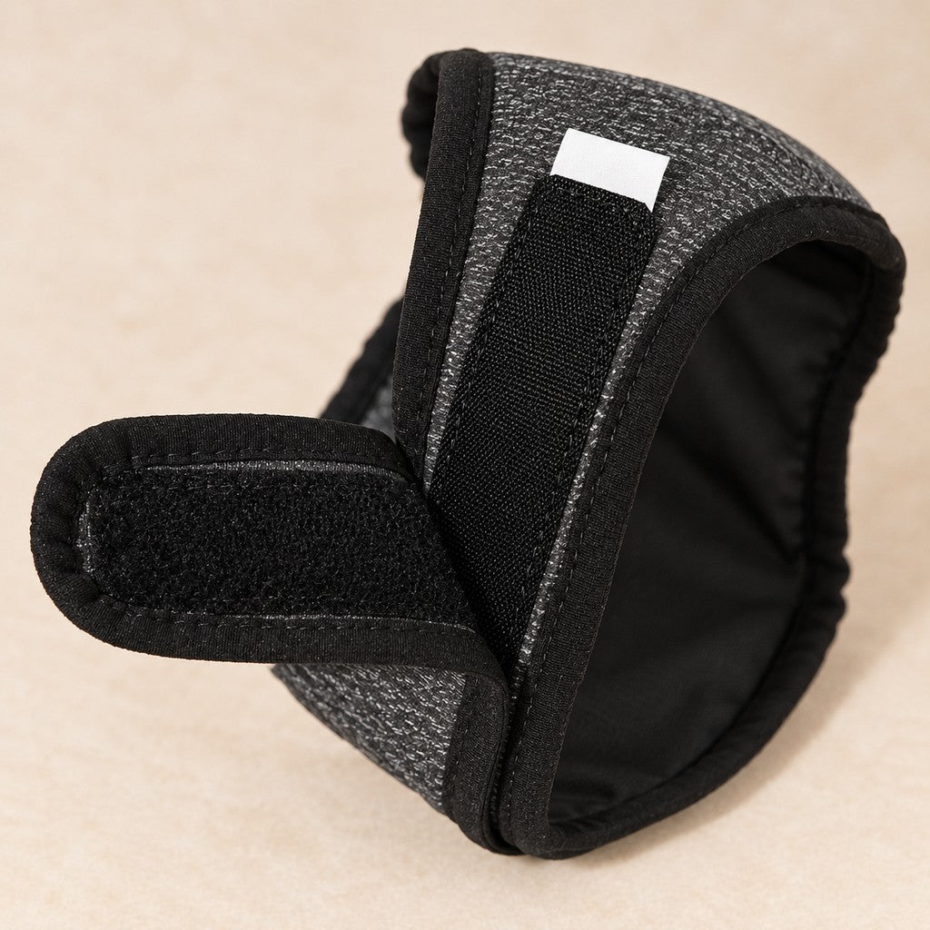 Close-up of the black hook-and-loop strap folded back on the charcoal ear wrap