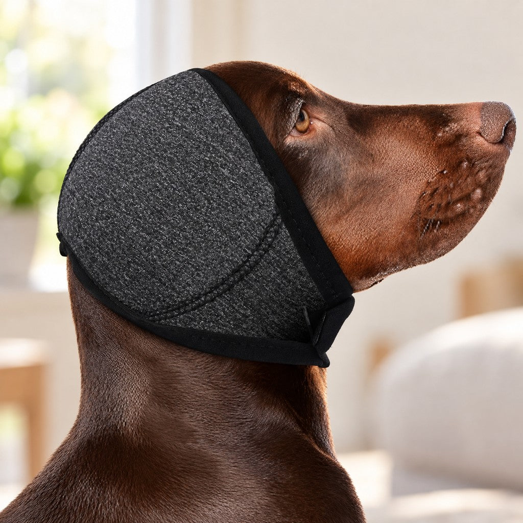 Chocolate-brown dog in profile wearing the charcoal ear wrap over both ears