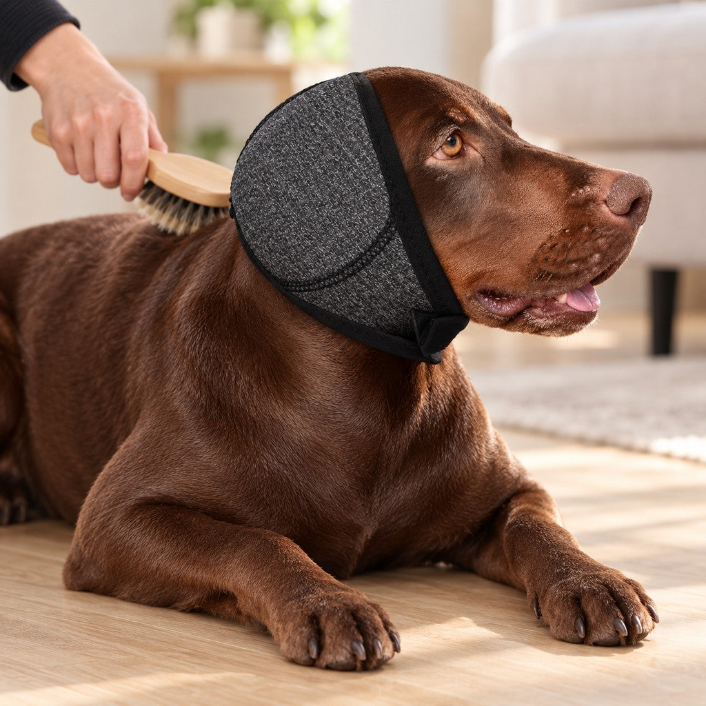 Hand brushing the back of a brown dog lying down, ear wrap on its head