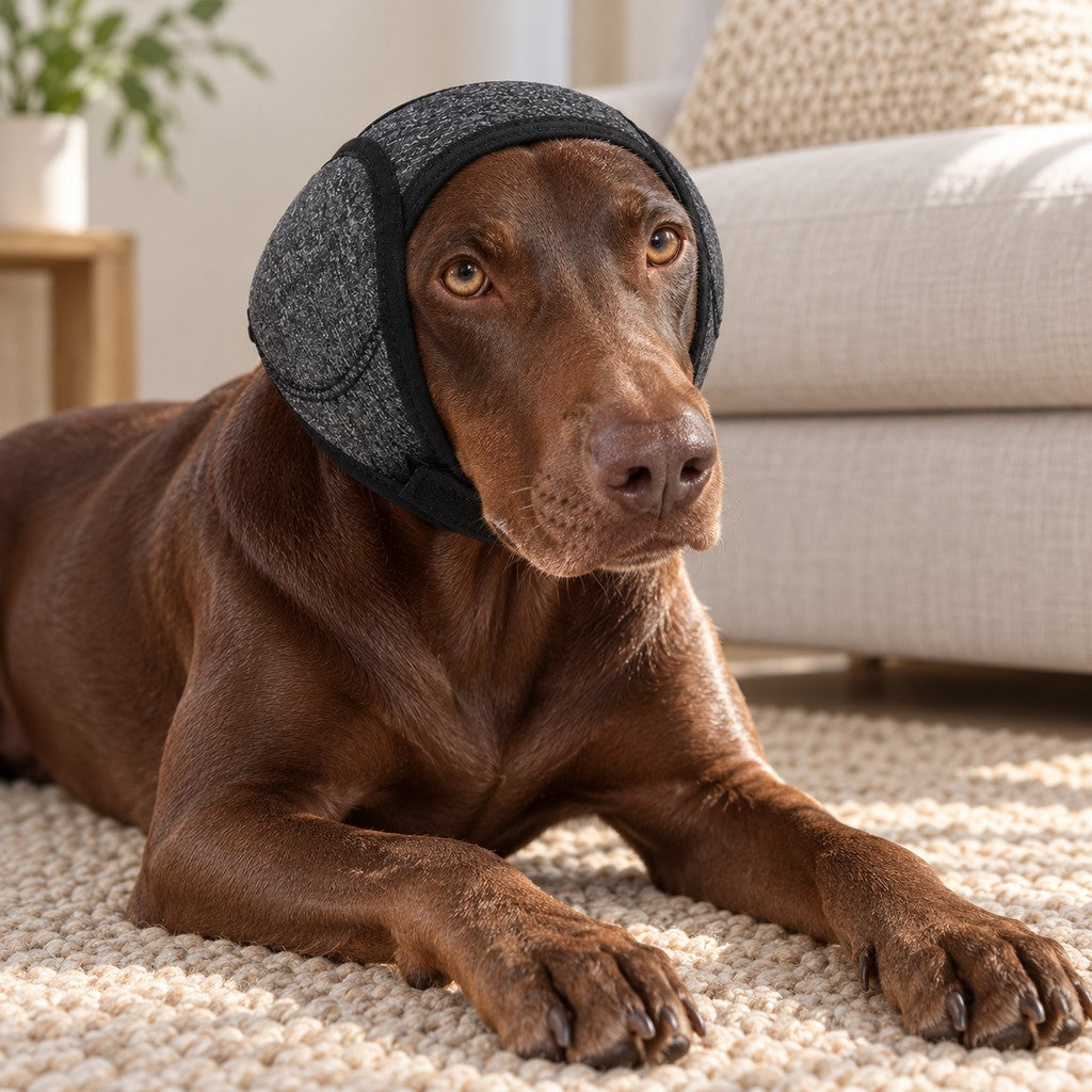 Chocolate-brown dog lying on a woven rug wearing the charcoal ear wrap, looking calm