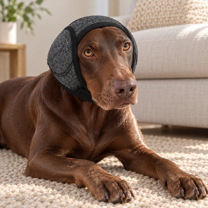 Chocolate-brown dog lying on a woven rug wearing the charcoal ear wrap, looking calm