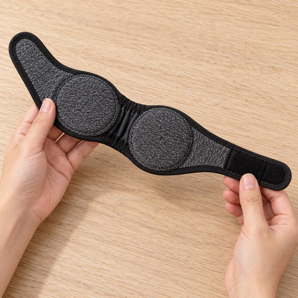 Two hands holding the ear wrap opened flat on a wooden table, pads and strap visible