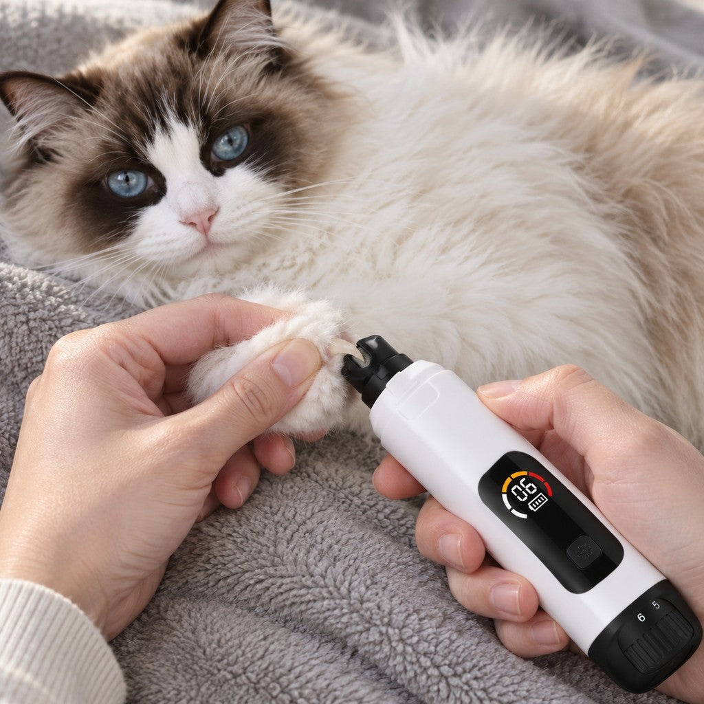 Hands holding a ragdoll cat's paw to smooth a claw with the grinder