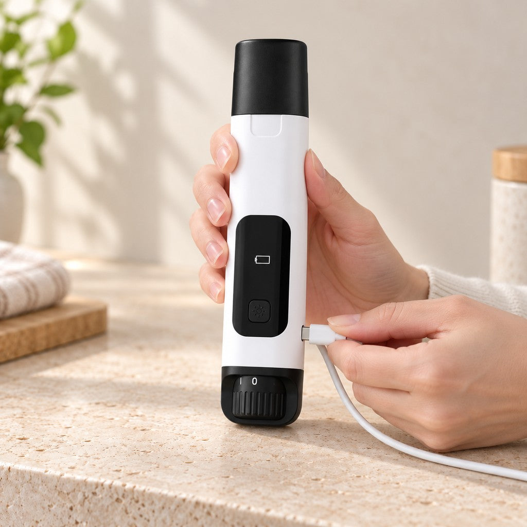 Hands holding the grinder upright while plugging in a white USB-C cable