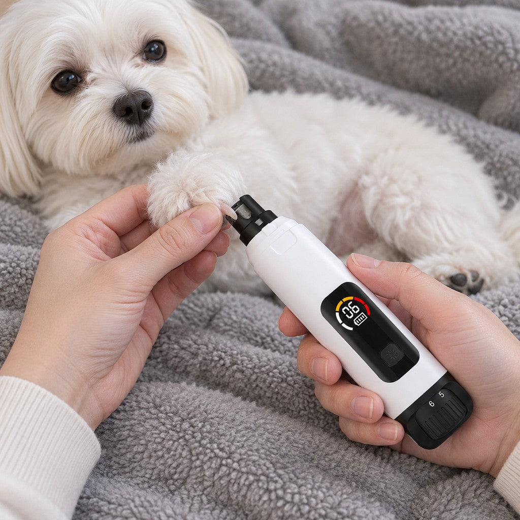 Hands smoothing a nail on a small white dog's paw with the grinder