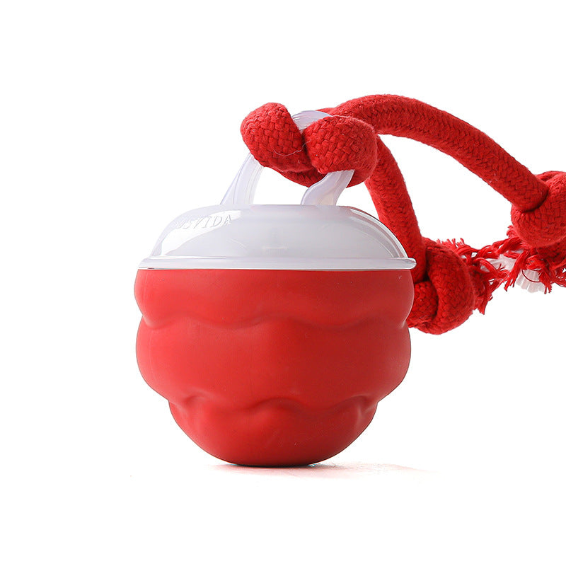 Red and white rolling ball with a red rope tug on a white background