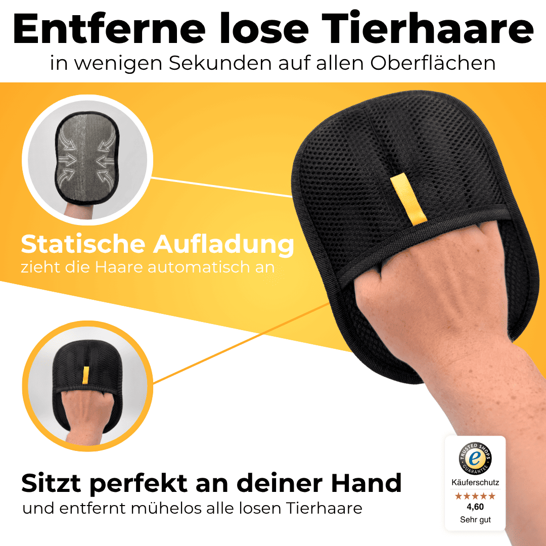 German infographic showing the mitt worn on a hand and lifting loose pet hair